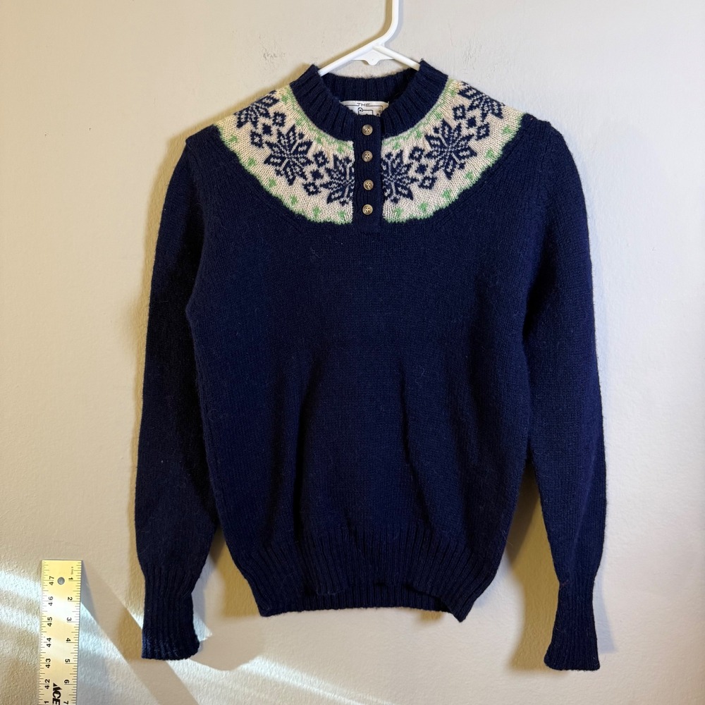 Woolrich Woman Vintage Navy Blue‎ Wool Nordic Fair Isle Snowflake Sweater Small